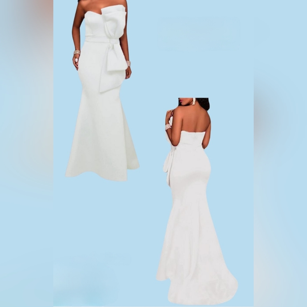 Classy WHITE Strapless Evening Gown with Oversized Bow Women's XXL